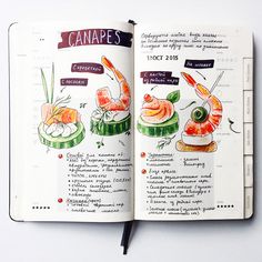 an open book with drawings of food and drinks on it's pages, including shrimp