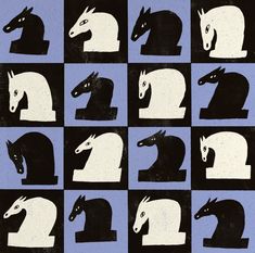 several black and white images of horses in different positions on a blue background with squares