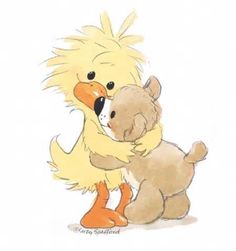 a drawing of a duck hugging a stuffed animal