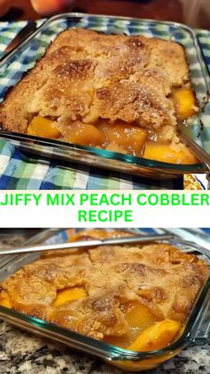 two pictures showing different stages of making a peach cobbler