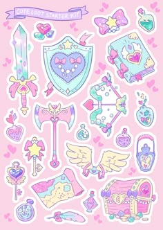 an assortment of stickers on a pink background with hearts, stars and other items