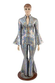 This disco-licious suit is made from our Silver Kaleidoscope spandex.It features a bell bottom leg, trumpet sleeves, a short collar and zipper up the front to the neckline.This fabric is absolutely gorgeous in motion! This item is made to order and ships out within five days of purchase.Womens Sizing (See below for instructions on where measurements should be taken)XXS: Bust 29"-30" / Waist 22"-23" / Hips 30"-32"Extra Small: Bust 31"-32" / Waist 24"-25" / Hips 33"-35"Small: Bust 33"-34" / Waist Rave Skirt, Letters Necklace, Trumpet Sleeves, Gold Chain Choker, Womens Jumpsuits, Trumpet Sleeve, Dancing Queen, Bell Bottom, Catsuit