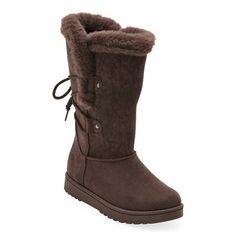 Add warmth to your footwear collection for the chilly months with these Arizona Jean Co. women's Shawner boots. The pull-on lace-up style features a soft fabric exterior, a faux fur lining, a plain toe, a flat heel with a rubber sole, and a regular calf width. Wear them with jeans and a bomber jacket.Closure Type: Lace-Up, Pull OnShoe Heel Height: 1 1/4 InchesUpper/Outer Base Material: 100% SyntheticShoe Lining Material: Faux FurSole Material Content: 100% Thermoplastic-RubberCalf Width: Regular Winter Shoes For Women, Boots Winter, Boots Brown, Footwear Collection, Brown Boots, Up Styles, Winter Boots, Soft Fabric, Soft Fabrics