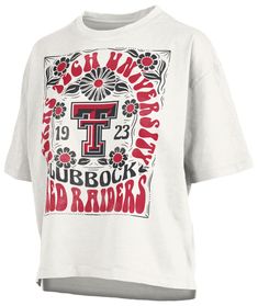 Design Short sleeve, crew-neck t-shirt Ribbed, tagless collar with interior taping Slight drop tail Feminine fit Style and Team Spirit Screen-printed vintage looking team graphics Pressbox® logo tag Additional Details Machine washable Officially licensed product Custom Cheer Shirts, Cheer Shirt, Cheer Shirts, Texas Tech Red Raiders, Red Raiders, Texas Tech, Logo Tag, T Shirt Ideas, Fit Style