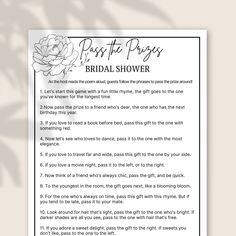 the bridal shower poem is shown in black and white, with flowers on it