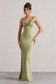 Alesso | Light Olive Satin Cowl-Neck Maxi Dress Plunge Neck Dress, Club L London, Black Dress Prom, Black Tie Gala, Irish Wedding, Party Dress Long Sleeve, Cowl Neck Dress, Green Maxi, Prom Girl