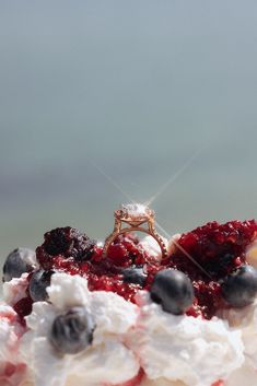 a wedding ring sits on top of berries and whipped cream, with the ocean in the background