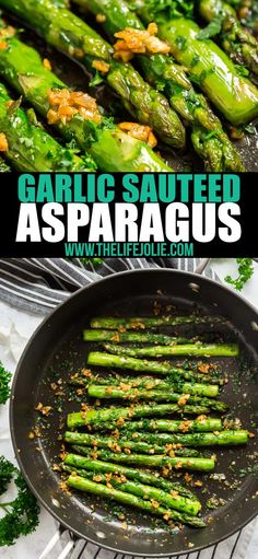 garlic sauteed asparagus in a skillet with text overlay