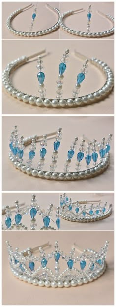 four different pictures of the same tiara with pearls and blue crystal stones on it