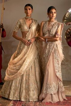 Gold attached can-can lehenga featuring floral motifs made of pearl, zardozi and sequins. Paired with an embellished padded blouse that has pearl, zardozi and sequin work. Comes with an embellished dupatta. - Aza Fashions Choli With Sheer Dupatta For Transitional Season, Transitional Season Sheer Dupatta Choli, Wedding Pre-draped Saree With Sheer Dupatta For Diwali, Wedding Pre-draped Saree For Navratri, Anarkali Style Pre-draped Saree For Navratri Wedding, Self-design Pre-draped Saree For Reception, Floor-length Pre-draped Saree With Pallu For Wedding, Floor-length Pre-draped Wedding Saree With Pallu, Wedding Gown With Sheer Dupatta For Navratri