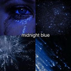 the words midnight blue are in front of an image of a woman's face