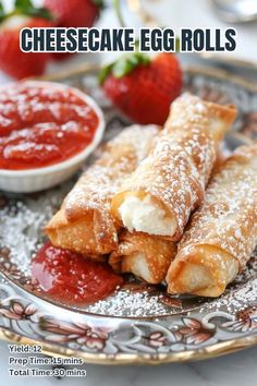 For a creative and fun dessert, these Cheesecake Egg Rolls are perfect. Each egg roll wrapper is filled with a rich cheesecake mixture and then fried to golden perfection. Served with a homemade strawberry sauce, they offer a delightful crunch outside with a creamy, fruity explosion inside. Egg Roll Breakfast, Fried Cheesecake Eggrolls, Egg Roll Wrapper Desserts, Pizza Egg Rolls Baked, Strawberry Cheesecake Egg Rolls Recipe, Egg Roll Wrapper Recipes Breakfast, Sweet Egg Rolls Desserts, Spring Roll Dessert Recipes, Recipes For Egg Roll Wrappers