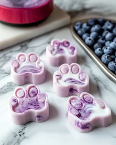 soaps with blueberries in the shape of paw prints on a marble counter top