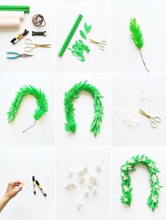 the process of making a wreath out of paper flowers and leaves is shown in multiple stages