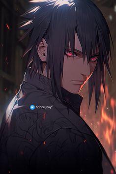 an anime character with black hair and red eyes looking to the side in front of flames