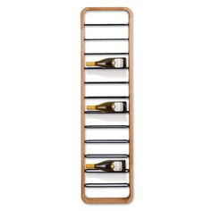 a wooden wine rack with six bottles on it