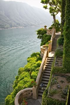 stairs leading down to the water with trees on either side