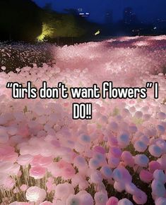 the words girls don't want flowers i do in front of a field of pink flowers