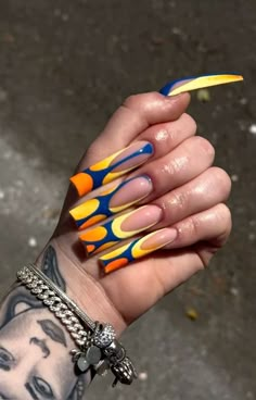 Yellow And Orange Nails, Yellow And Blue Nails, Ethereal Galaxy, Yellow Orange Nails, Blue And Yellow Nails, Hard Nails, Drip Nails, Galaxy Nails, Colored Acrylic Nails