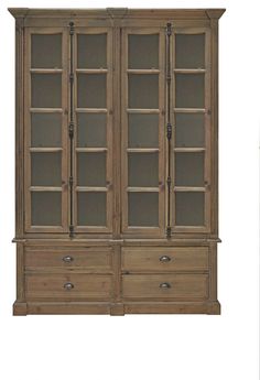 a wooden cabinet with glass doors and drawers