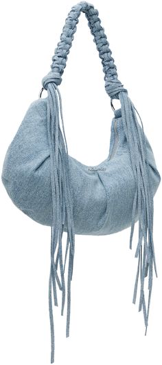 Non-stretch denim shoulder bag in blue. · Pleats throughout · Tassel trim at braided shoulder strap · Logo hardware at face · Zip closure · Zip pocket at interior · Non-stretch denim lining · Logo-engraved silver-tone hardware · H7.5 x W13.5 x D1.5 Supplier color: Lt blue mix Denim Leather Bag, Braided Fabric Bag, Sew Small Bag, Denim Belt Bag, Designer Denim Blue Bags, Designer Denim Blue Shoulder Bag, Diy Denim Bag, On-the-go Double Handle Denim Shoulder Bag, On-the-go Denim Bags With Double Handle