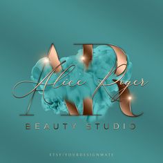 the logo for alice rose beauty studio on a teal background with gold letters and sparkles