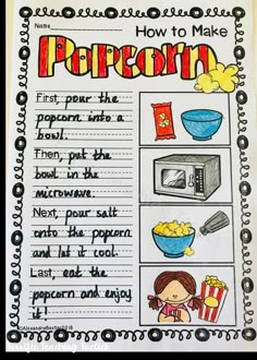 a poster with instructions for how to make popcorn and other things that are in front of it