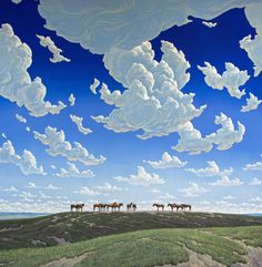 a painting of horses on a hill with clouds in the sky