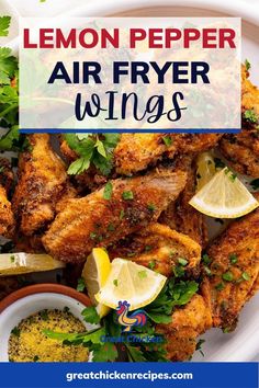 lemon pepper air fryer wings on a plate with garnishes and herbs