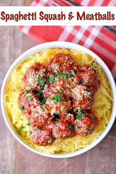 Spaghetti squash and meatballs served in a white bowl. Recipe For Spaghetti Squash, Df Meals, Spaghetti Squash And Meatballs, Spaghetti Squash Recipes Healthy, Spaghetti Squash Recipes Easy, Recipe For Spaghetti, Homemade Italian Meatballs, Healthy Breakfast Bowl, Homemade Spaghetti