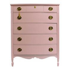 a pink dresser with gold knobs on the top and bottom drawers, against a white background