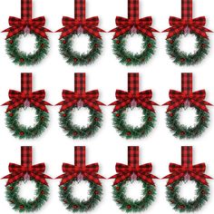 twelve christmas wreaths with red bows and plaid ribbon on white background, each decorated with an ornament