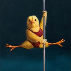 a painting of a chicken hanging upside down on a pole with one leg in the air