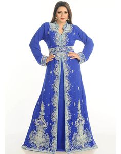 Women Royal Blue Georgette Hand Zari Embroidery Kaftan Takchita, Silver, Georgette, Handmade, Royal Blue, Royal Blue, Kaftans, XS, S, M, L, XL, 2XL, 3XL, 4XL, 5XL, 6XL, 7XL:Arabic Attire Blue Anarkali Kaftan With Traditional Drape, Elegant Kaftan With Floral Embroidery For Diwali, Elegant Floral Embroidered Kaftan For Diwali, Bollywood Style Kaftan With Floral Embroidery For Eid, Bollywood Style Floral Embroidered Kaftan For Eid, Blue Embroidered Semi-stitched Dress For Wedding, Traditional Blue Floor-length Kurta, Blue Kaftan With Zari Work For Diwali, Blue Zari Work Kaftan For Diwali