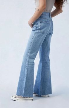 Get the ultimate laidback look with PacSun's Stretch Medium Indigo High Waisted Flare Jeans. These comfy high-rise jeans are crafted with stretchy fabric, allowing for unrestricted movement while maintaining total comfort. Complete with flared leg openings and a raw-cut hem, these jeans add a touch of edge to your style..Learn more about PacSun eco items Light Wash Flare Cotton Jeans, Versatile High Rise Light Wash Jeans, Light Wash Flare Jeans In Cotton, Versatile High-rise Light Wash Jeans, Flare Light Wash Cotton Jeans, Versatile Stretch Denim Flare Jeans, Light Wash Stretch Cotton Flare Jeans, Stretch Cotton Light Wash Flare Jeans, Versatile Mid-rise Denim Blue Flare Jeans