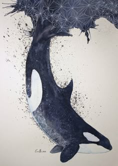 a painting of a whale with its mouth open and it's head in the air