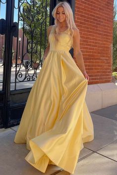 Yellow Prom Dress, Prom Dress With Split, Winter Wedding Venues, Yellow Prom, Dress With Rhinestones, Prom Dress Inspo, Dress With Split, Prom Dresses With Pockets, Prom Dresses 2024