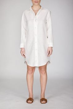 Meet the Mary Shirt Dress: a chic reinterpretation of the classic button-down silhouette that keeps you looking cool and stylish. Its relaxed fit is enhanced by dropped shoulders, while the distinctive back pocket adds a unique touch. Adjustable sleeves and fabric-covered buttons bring sophistication, all tailored from a linen-cotton blend for breathable, effortless style. Pair it with your favorite espadrilles or sandals for an on-the-go look that is both comfortable and elegant. This collectio Womens Linen Dress, Linen Dress Women, Fabric Covered Button, White Shirt Dress, Linen Women, Linen Dress, New Wardrobe, Fabric Covered, Covered Buttons