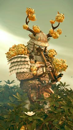 a digital painting of a man with flowers on his head and arms in the air