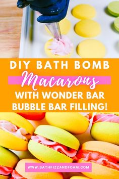 Learn how to create adorable + EASY DIY bath bomb macarons with a Wonder Bar bubble bar filling in this step-by-step tutorial Read on the Bath Fizz and Foam blog to make these handmade macaron bath treats for a relaxing and fun bath experience. Our customers are raving about them - don't miss out! Click through for the full tutorial and start making your own bath bomb macarons today. #bathbombs #wonderbar #bubblebar #DIY #bathandbeauty #DIYbathandbody #bathfizzies Easy Bath Bomb, Bubble Bar Recipe, Homemade Bubbles, Bubble Bar