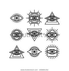 the all seeing eye symbols are shown in black and white, as well as an image of