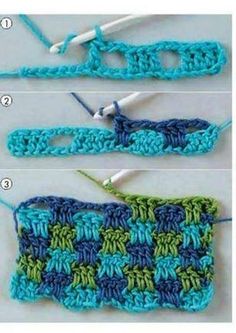 three crocheted items are shown with the instructions to make them look like they have been