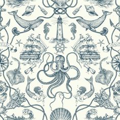 an octopus and other marine creatures are depicted in this black and white pattern on fabric