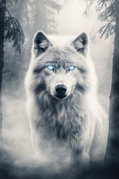 a wolf with blue eyes standing in the woods