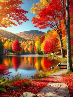 an autumn scene with colorful trees and water