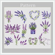 a cross stitch pattern with lavenders and hearts