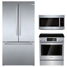 stainless steel kitchen appliances including refrigerator, stove and microwave