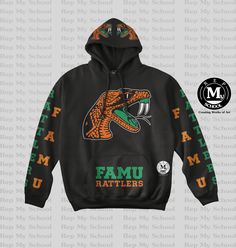 That's Fire Series HBUC Collection DESIGN: FAMU All Over Hoodie Design Vinyl. This Hood comes in a unisex Black Gildan style. An Excellent show STOPPER Guarantee to be the talk of the campus when wearing this Hoodie. Definitely an eye catcher and a great way to make a lasting impression. LET US KNOW IF YOU DON'T SEE WHAT YOUR LOOKING FOR? WE'LL DO OUR BEST TO MAKE IT HAPPEN! CARE INSTRUCTIONS: *Care Instructions: Wash inside out on a gentle cold cycle. Tumble dry on a low setting. Do not bleach. Black Varsity T-shirt For Fall, Collegiate Winter T-shirt For Streetwear, Fall Team Spirit T-shirt For Streetwear, Black Team Spirit Sweatshirt For Fall, Black Fan Apparel Sweatshirt For Fall, Black Sweatshirt For Game Day In Fall, Black Varsity Hoodie, Black Collegiate Tops For Fall, Team Spirit Black Sweatshirt For Streetwear