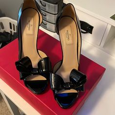 Valentino, Shiny Black, Peep Toe Heels! Excellent Condition, Worn Once. 4in Heel, Size 9 1/2 Designer Block Heels With 4-inch Heel, Black Heels With 4-inch Heel For Dinner, Designer Patent Leather Heels With 4-inch Heel, Evening Patent Leather Block Heels, Patent Leather Open Heel Party Shoes, Patent Leather Open Heel Party Heels, Party Patent Leather Open Heel Heels, Designer Patent Leather Heels With Sculpted Heel, Patent Leather Heels With Sculpted Heel For Party