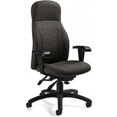 an office chair with black fabric upholstered back and arms